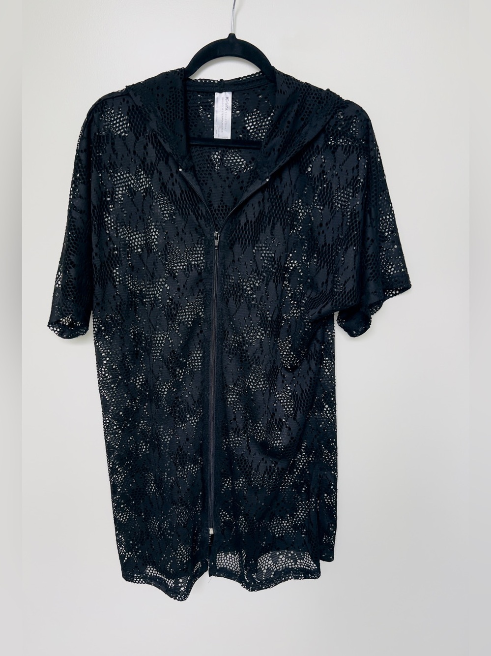 Women’s Black Short-Sleeve mesh coverup with Hood and Zip closure size m